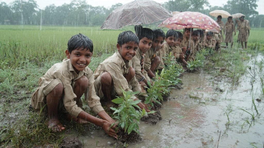 পরিবেশ, সমাজ ও মানুষ the students are planting trees